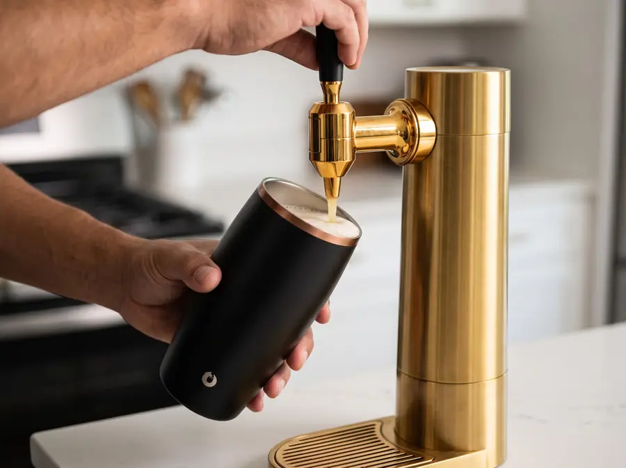 Escena conceptual de vaso negro y dispensador dorado creada con IA a partir de fotos reales