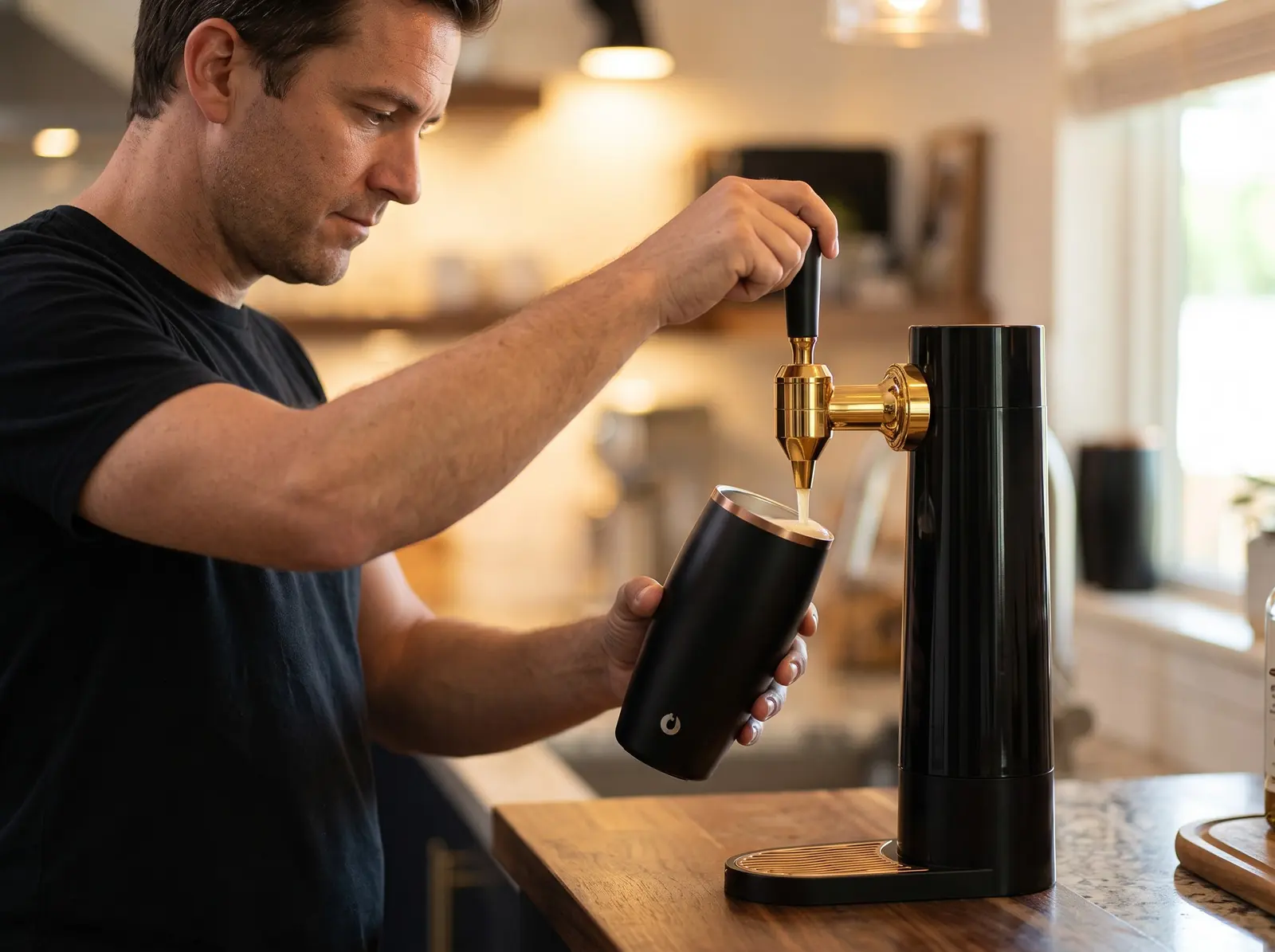Escena de uso del vaso negro con dispensador de acabado negro y grifo dorado