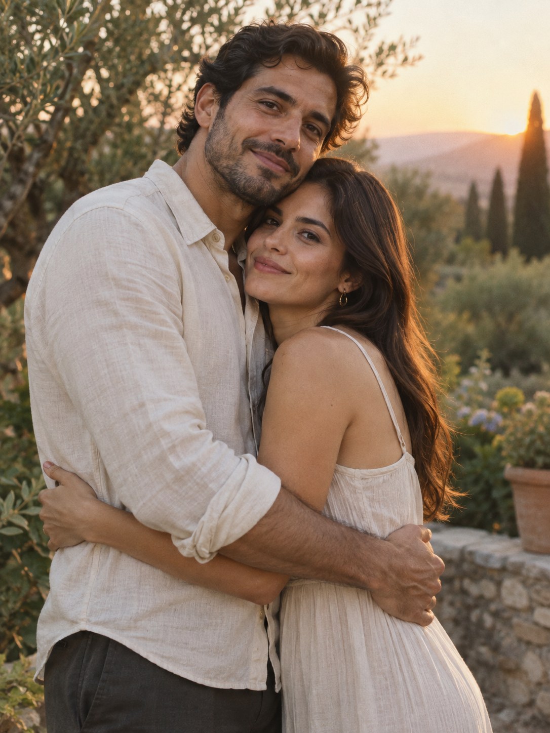 Pareja ficticia abrazándose en un jardín al atardecer